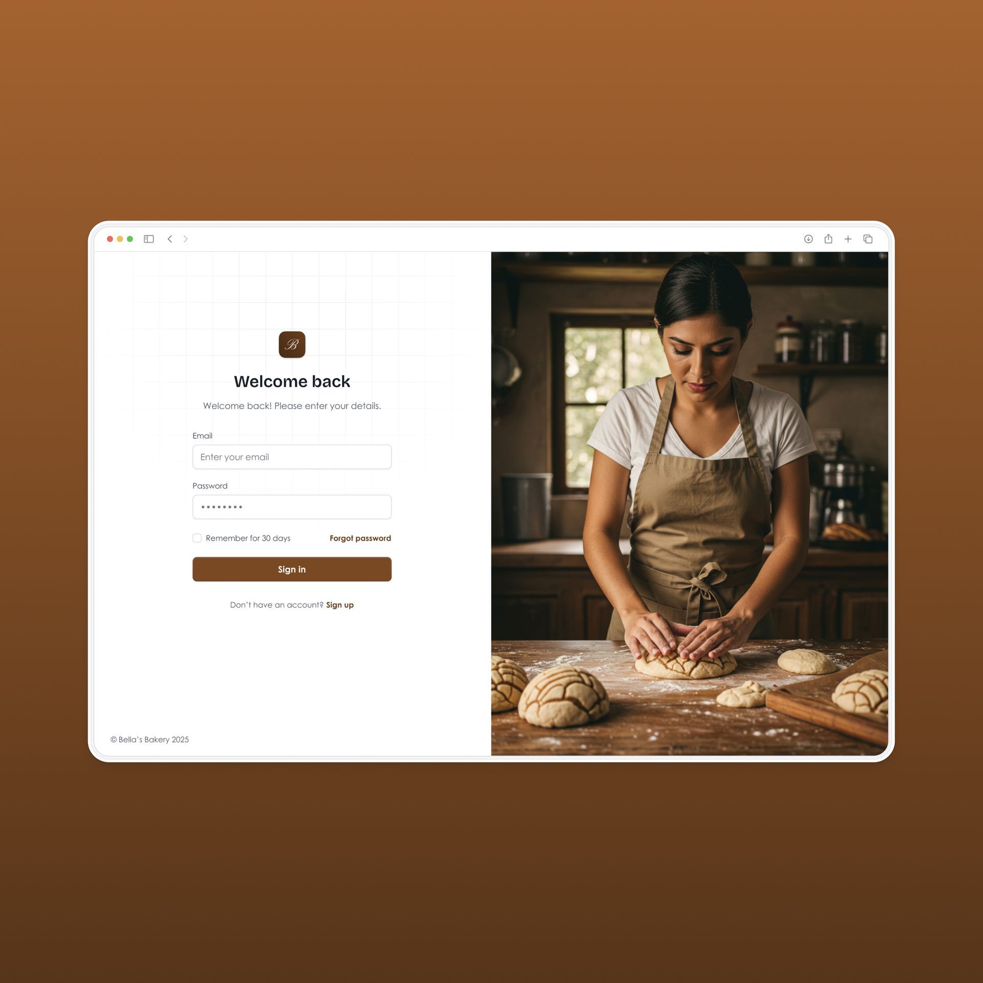 Login screen next to baker kneading dough in a kitchen.