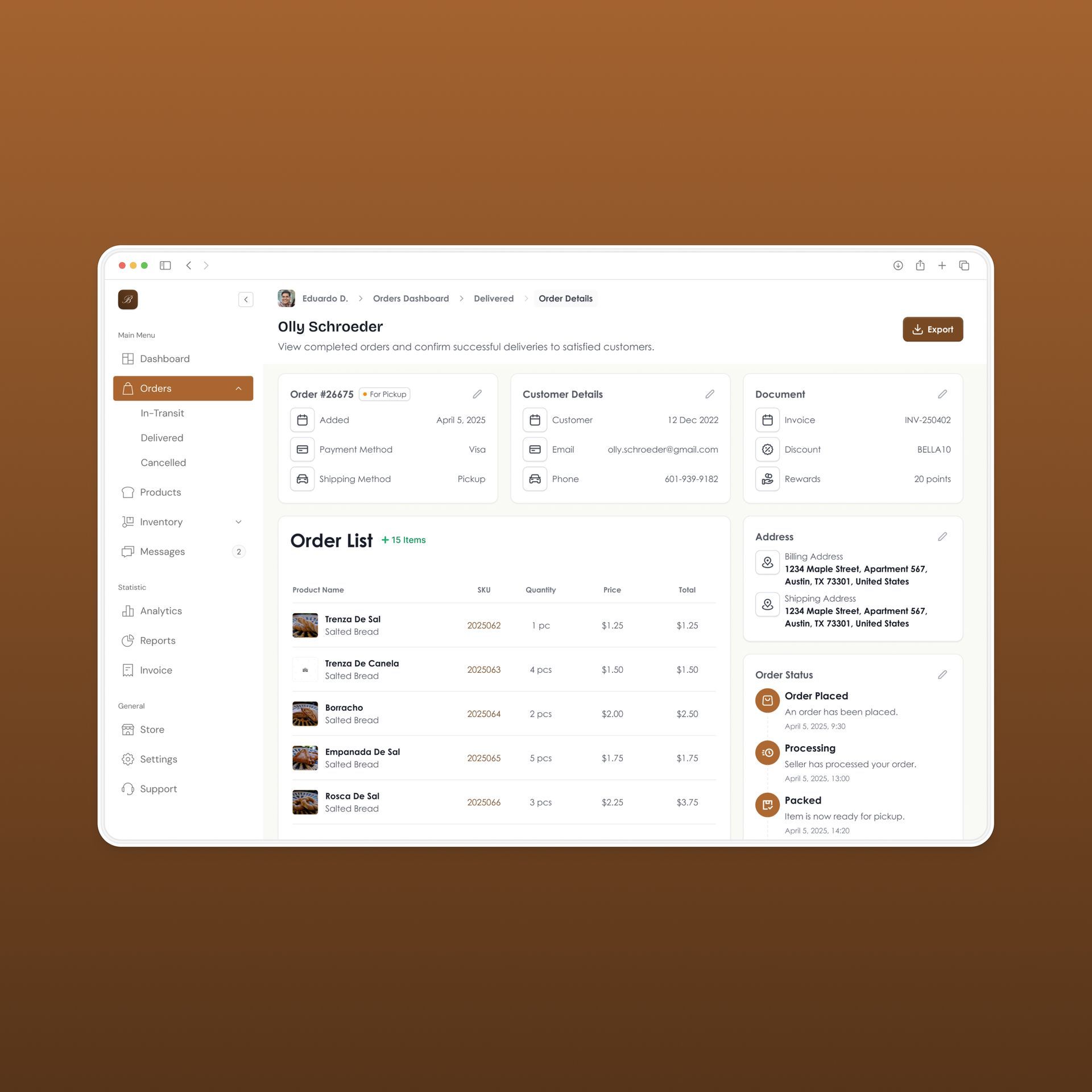 Screenshot of a dashboard interface, featuring order details and user options, in a brown and white color scheme.
