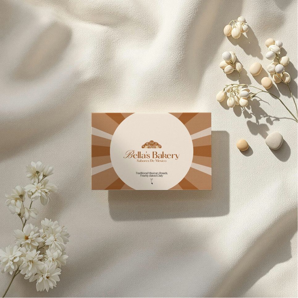 Business card for Bella's Bakery on a white fabric, with flowers and decorative elements.
