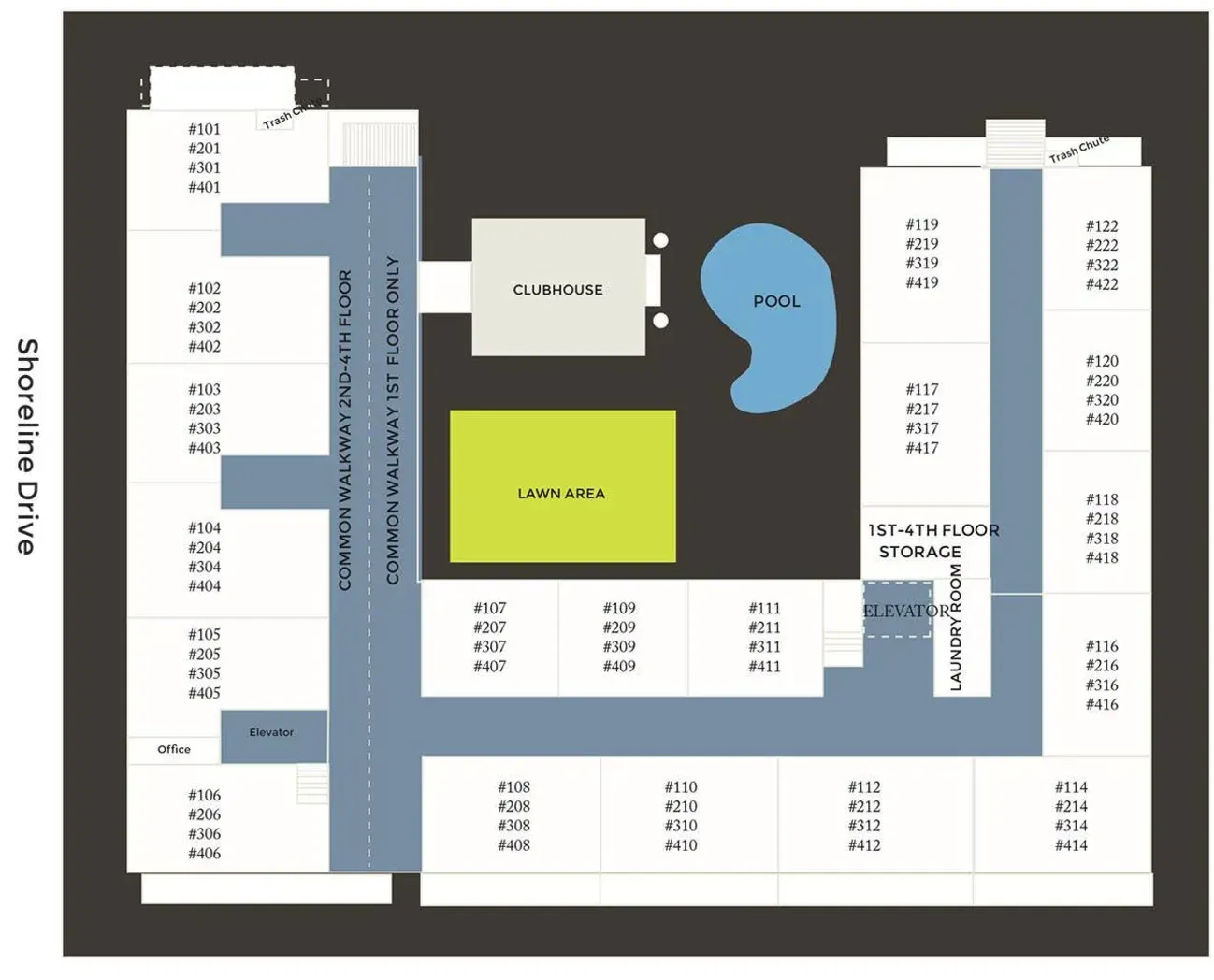 Apartment complex layout: buildings, Shoreline Drive, pool, lawn, and parking. Blue, green, and gray color scheme.