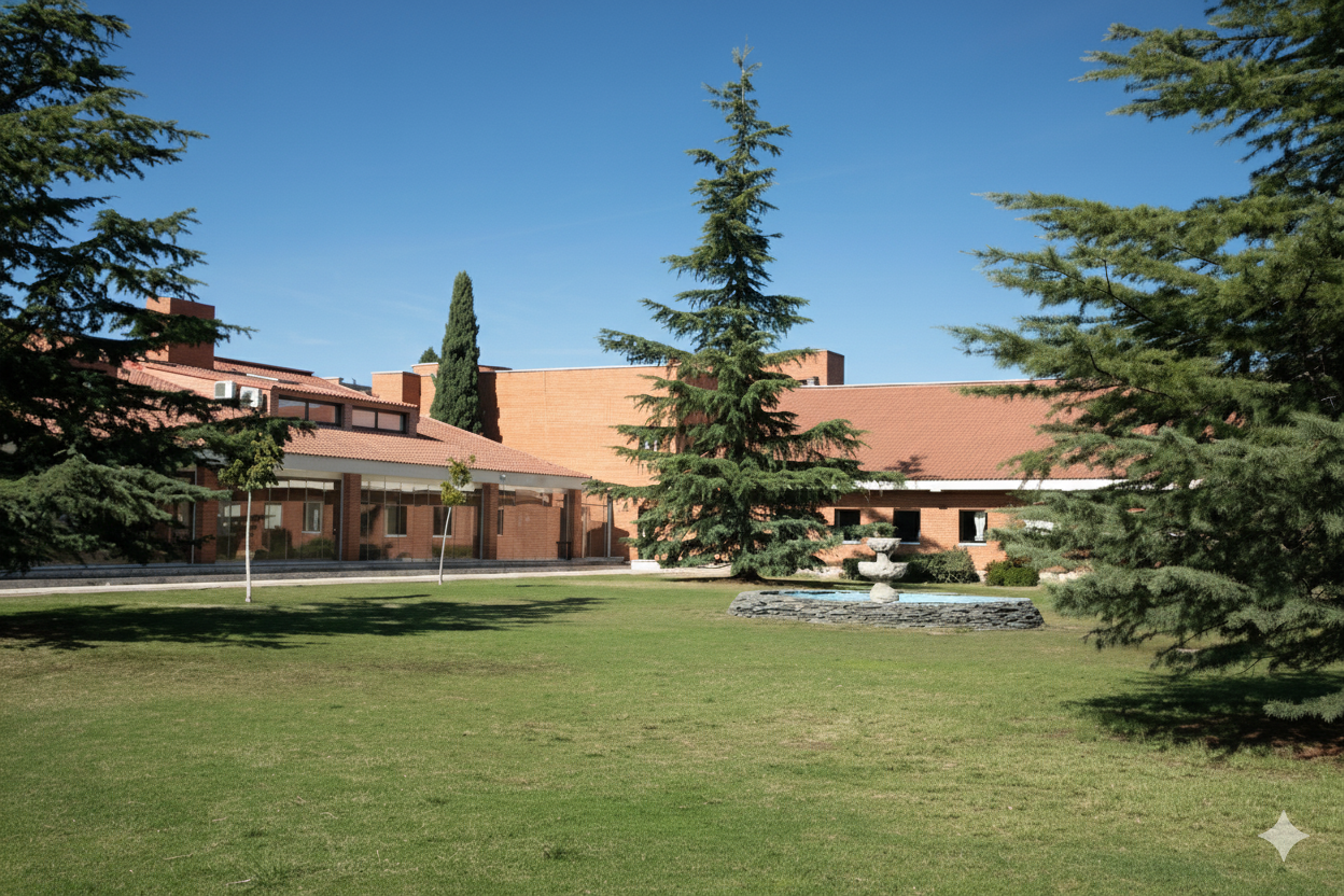 A brick building with a red-tiled roof, surrounded by green grass and trees, a fountain is in the center.