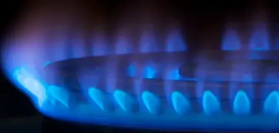 A close up of a gas burner with blue flames.