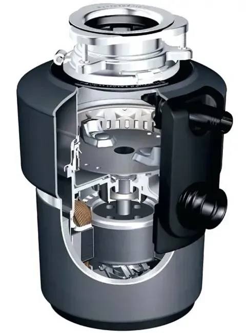 A picture of a garbage disposal showing the inside of it
