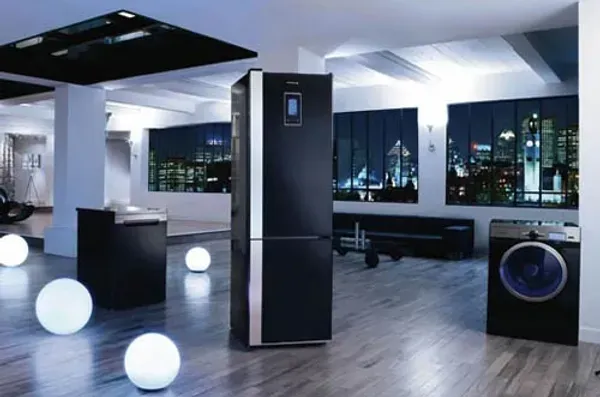 A living room with a refrigerator and a washing machine