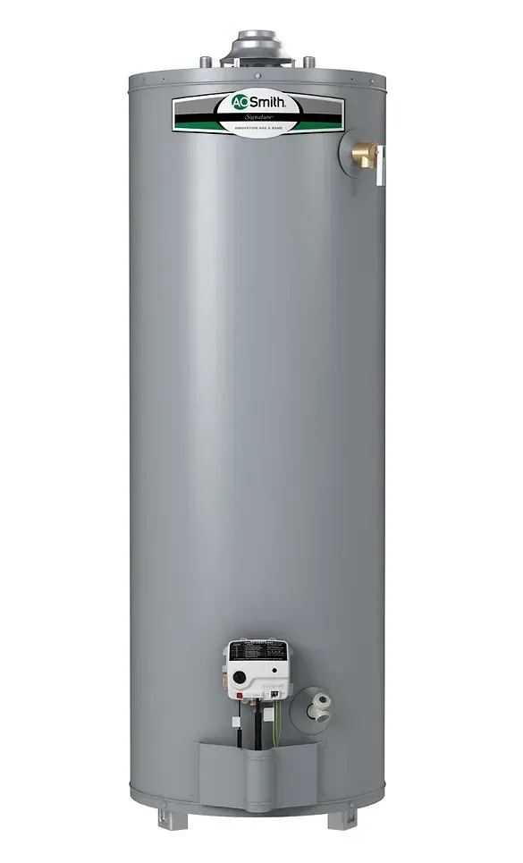 A gas water heater is shown on a white background.
