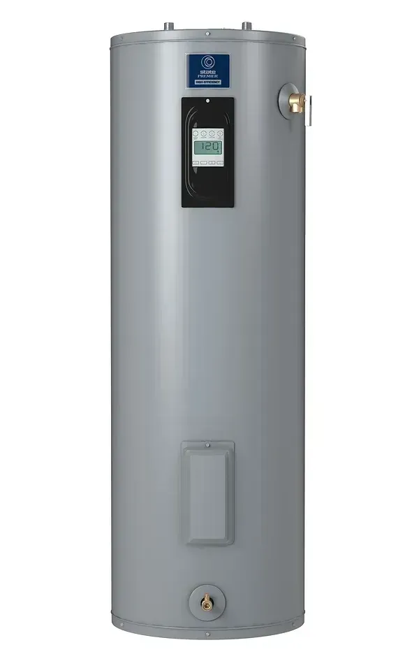 A gray electric water heater on a white background.
