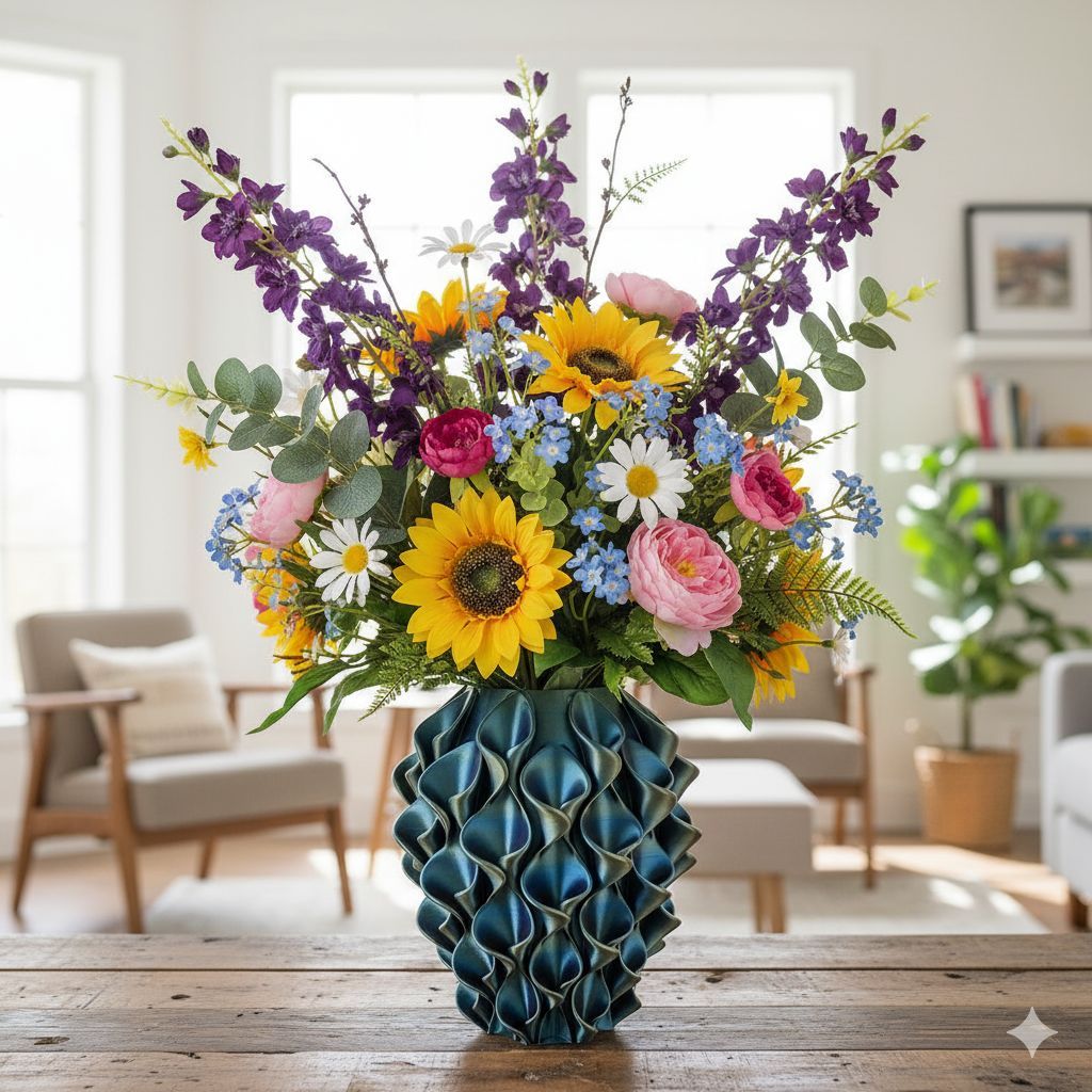 Een paarse, gestructureerde vaas genaamd