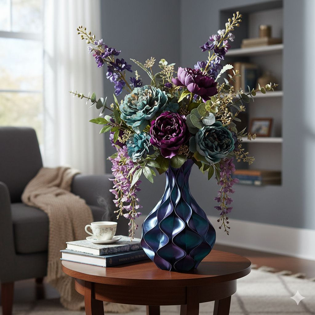 Twee Wave Elegance vazen in iriserend paars en turquoise, met de afmetingen aangegeven, tentoongesteld op een lichte ondergrond.