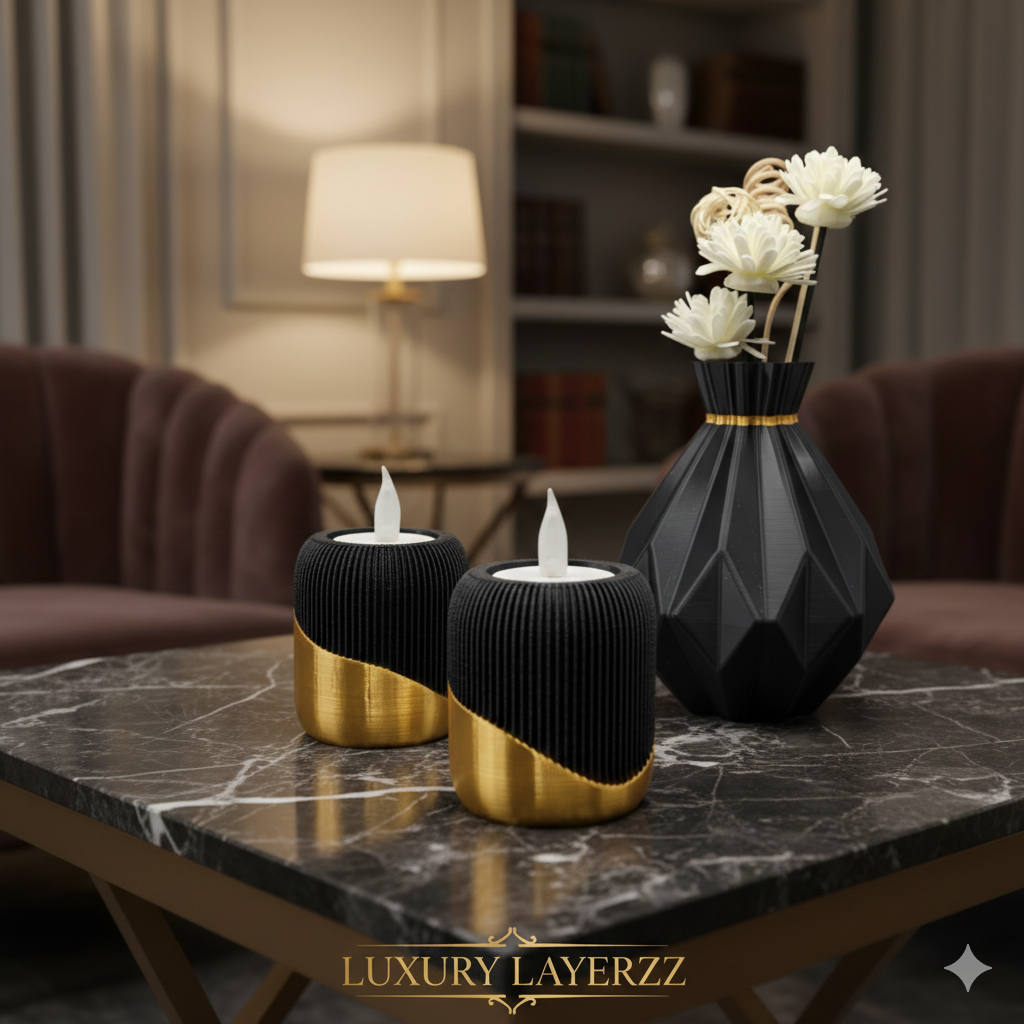 Salontafel met kaarsen en een vaas, in een woonkamer met een lamp en fauteuils.