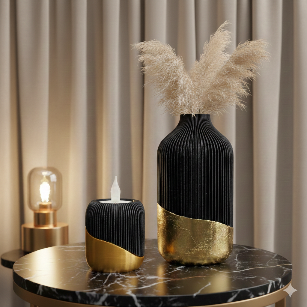 Zwart-gouden decoratie op een marmeren tafel met lamp en gordijn als achtergrond.