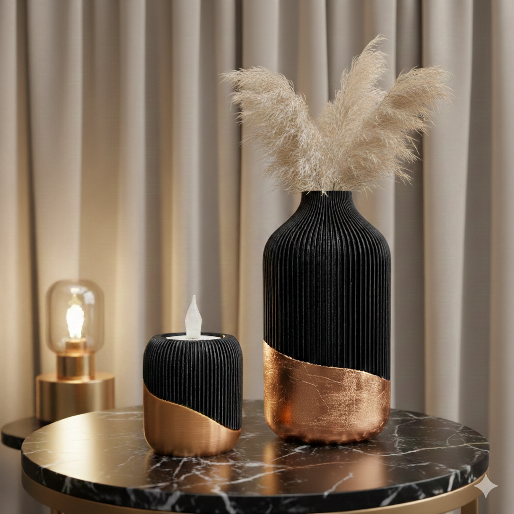 Een tafel met een decoratieve vaas, kaars en lamp voor beige gordijnen.