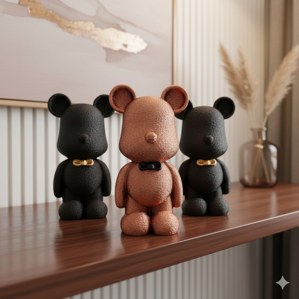 Bronzen teddybeerfiguurtje met een vlinderdasje, 18 cm hoog en 10 cm breed, met een bloemenachtergrond.