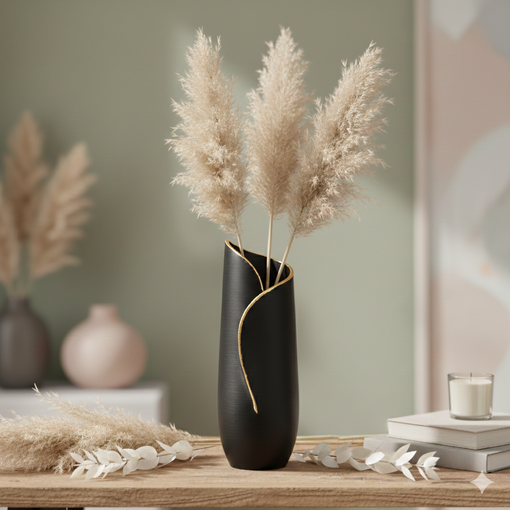 Een zwarte vaas met pampasgras staat op een houten tafel. Een kaars en een beige bol staan ​​ernaast. Op de achtergrond zijn een bank en een lamp te zien.