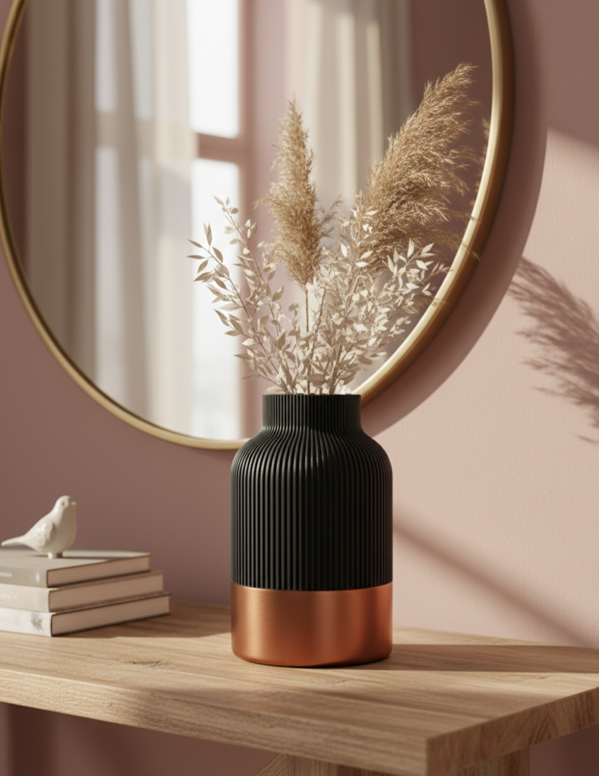 Een zwarte en koperen vaas met gedroogde planten op een houten plank, naast boeken en een vogelbeeldje, met een ronde spiegel.