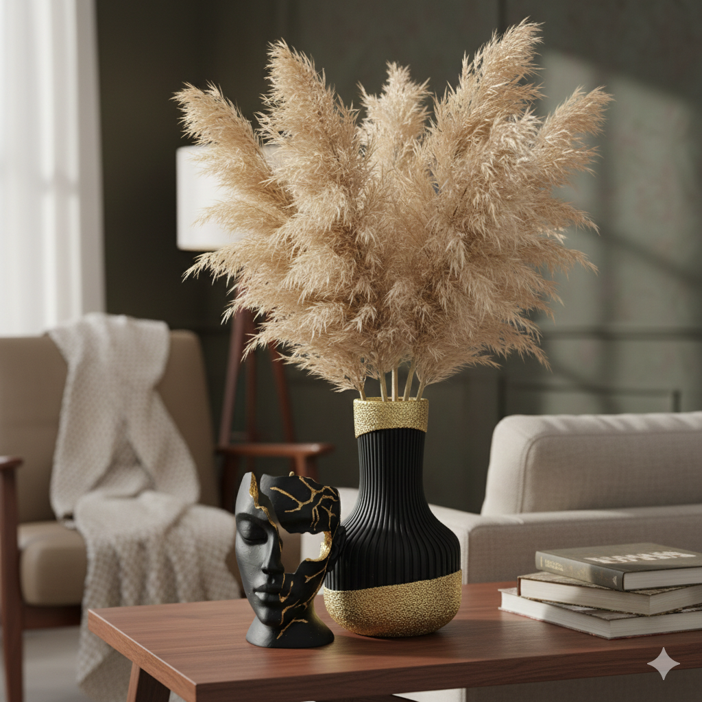 Gouden bloemstuk in een zwart-gouden vaas op een donkere houten tafel.