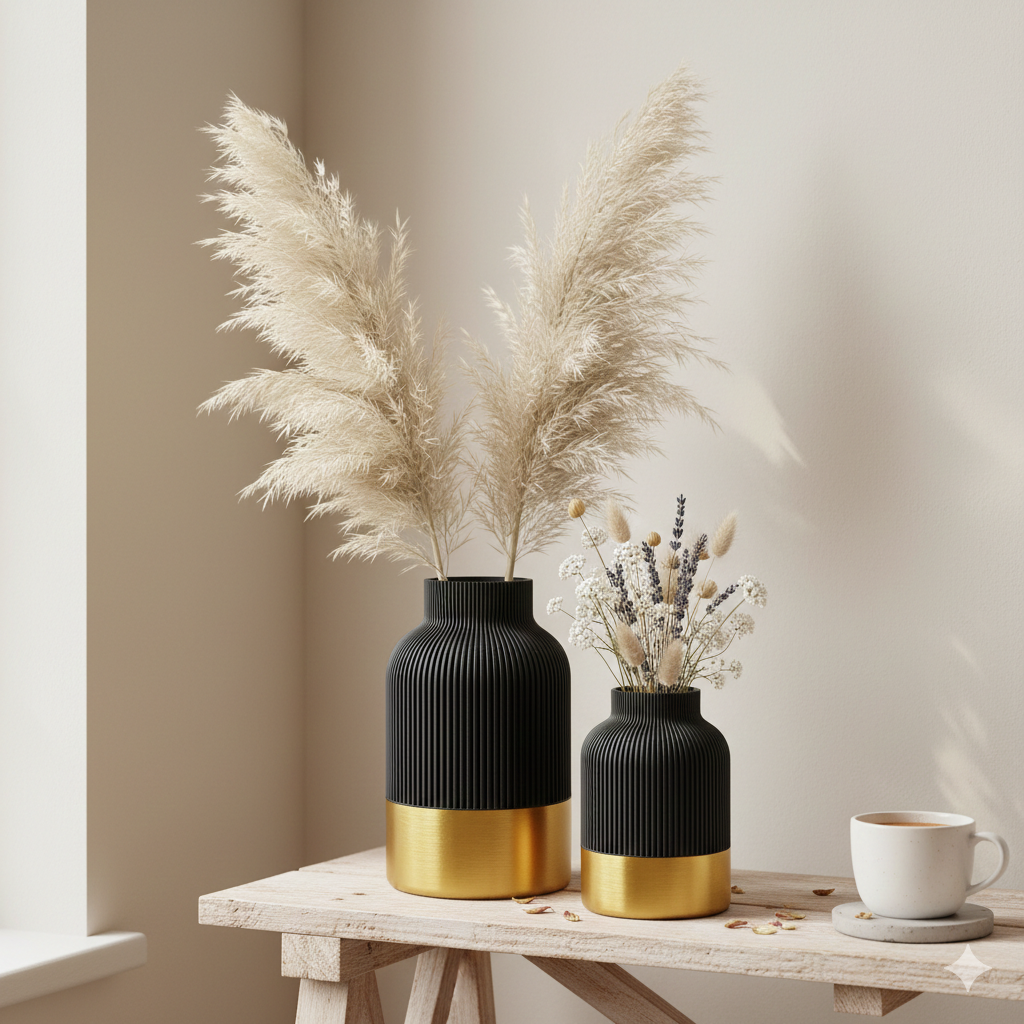 Twee zwarte en gouden decoratieve vazen ​​op een houten tafel, naast een brandende kaars.