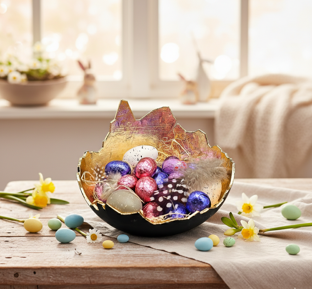 Een goudgerande, gebarsten eierschaal gevuld met in folie verpakte chocolade-eieren en veren, geplaatst op mos met verspreide gespikkelde eieren.