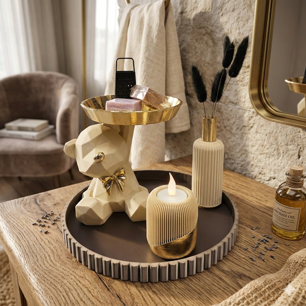 Op een decoratief dienblad staan ​​een geometrische beerfiguur met een gouden onderlaag, een geribbelde kaars en een vaas met gedroogde zwarte stengels.