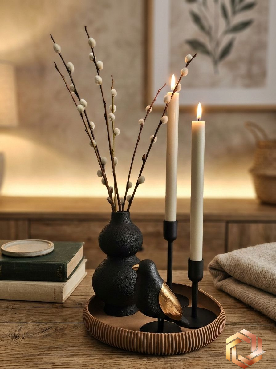 Op een houten dienblad staat een zwarte vaas met structuur, versierd met wilgentakjes, twee brandende kaarsen en een klein zwart vogeltje als decoratie.