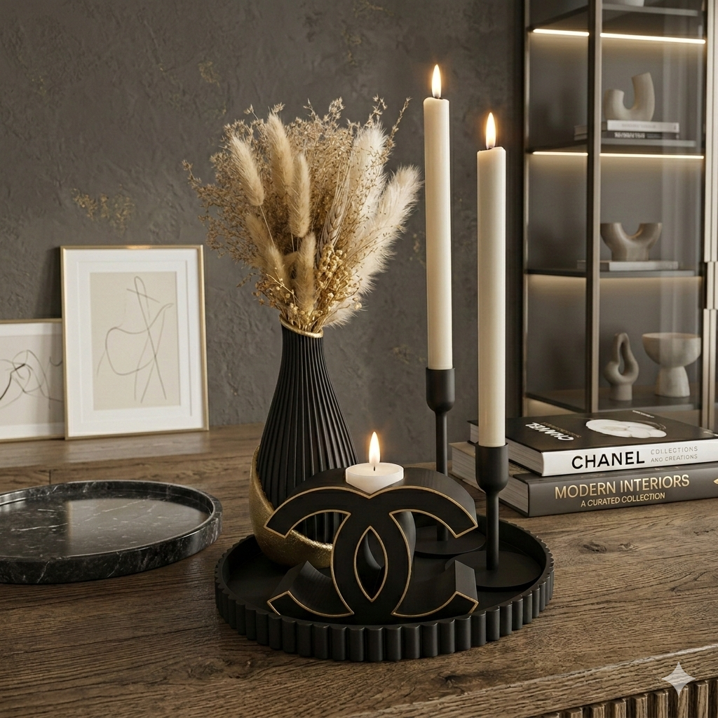 Een decoratief zwart dienblad met een vaas met gedroogde bloemen, twee hoge kaarsen en een kaarsenhouder met het Chanel-logo.