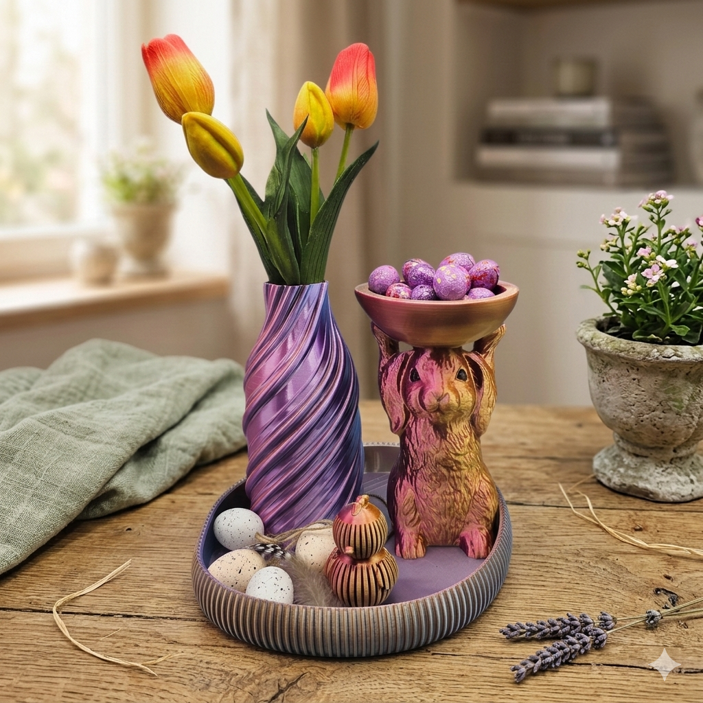 Paasdecoratie op een houten tafel met een paarse vaas met tulpen, een konijntje met een kommetje en kleine eieren.