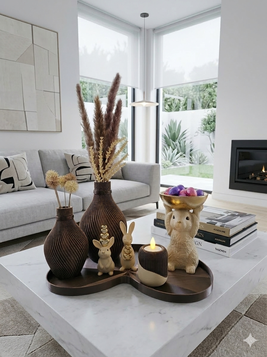 Een decoratief tafelstuk met vazen, konijnenbeeldjes en een schaal op een donker dienblad op een witte marmeren salontafel.