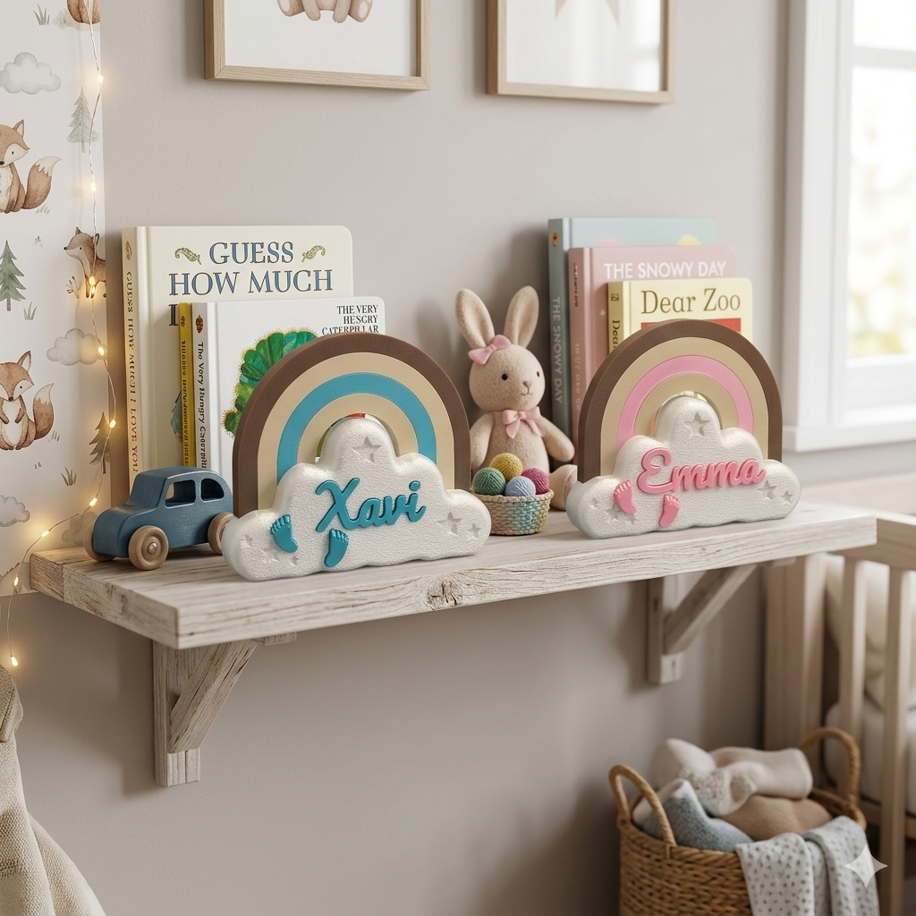 Een decoratief, gebogen regenboog- en wolkenbord met de naam 