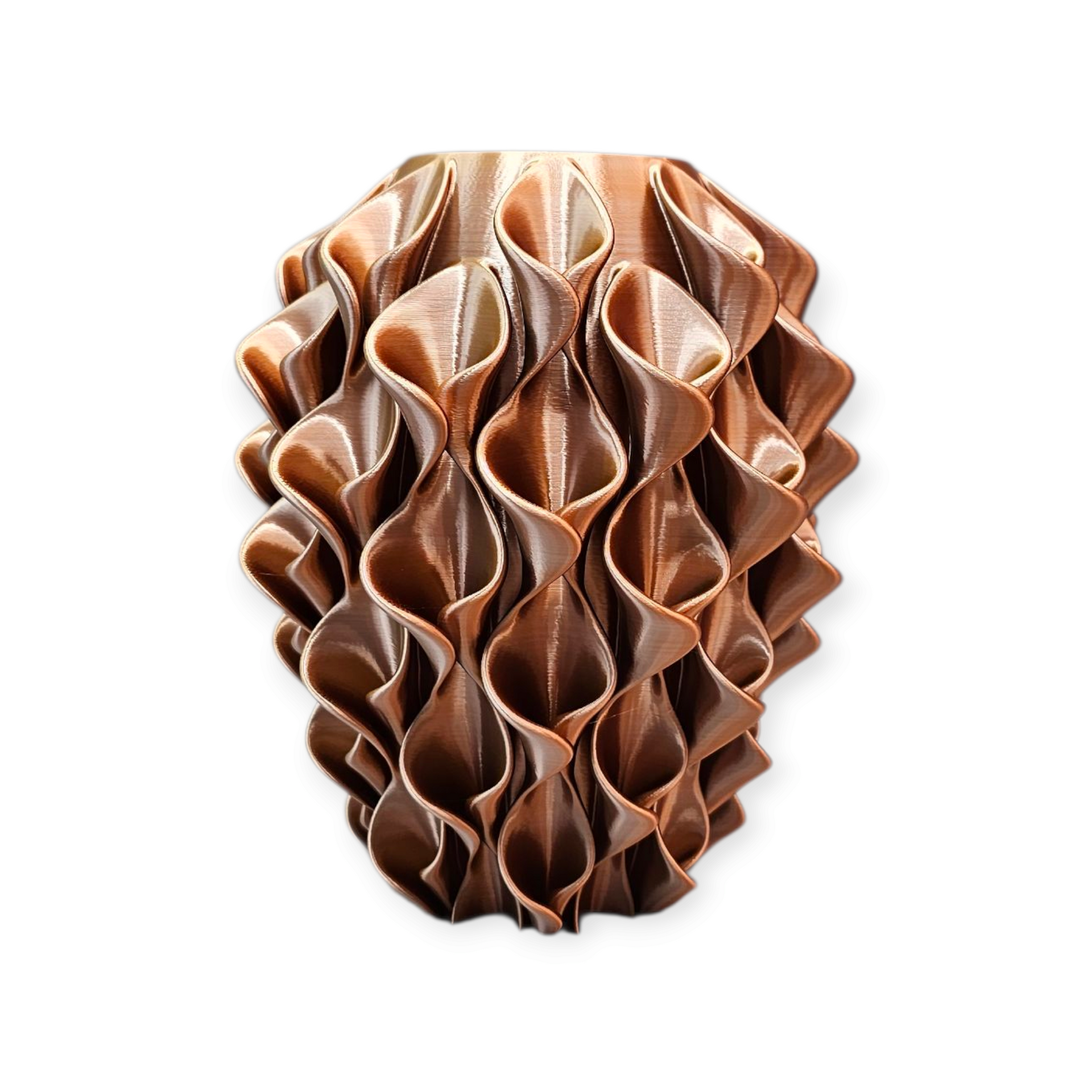 Drie 3D-geprinte vaasontwerpen in verschillende kleuren: paars/blauw, turquoise/goud en bruin/goud, met een golvend, bloembladachtig patroon.