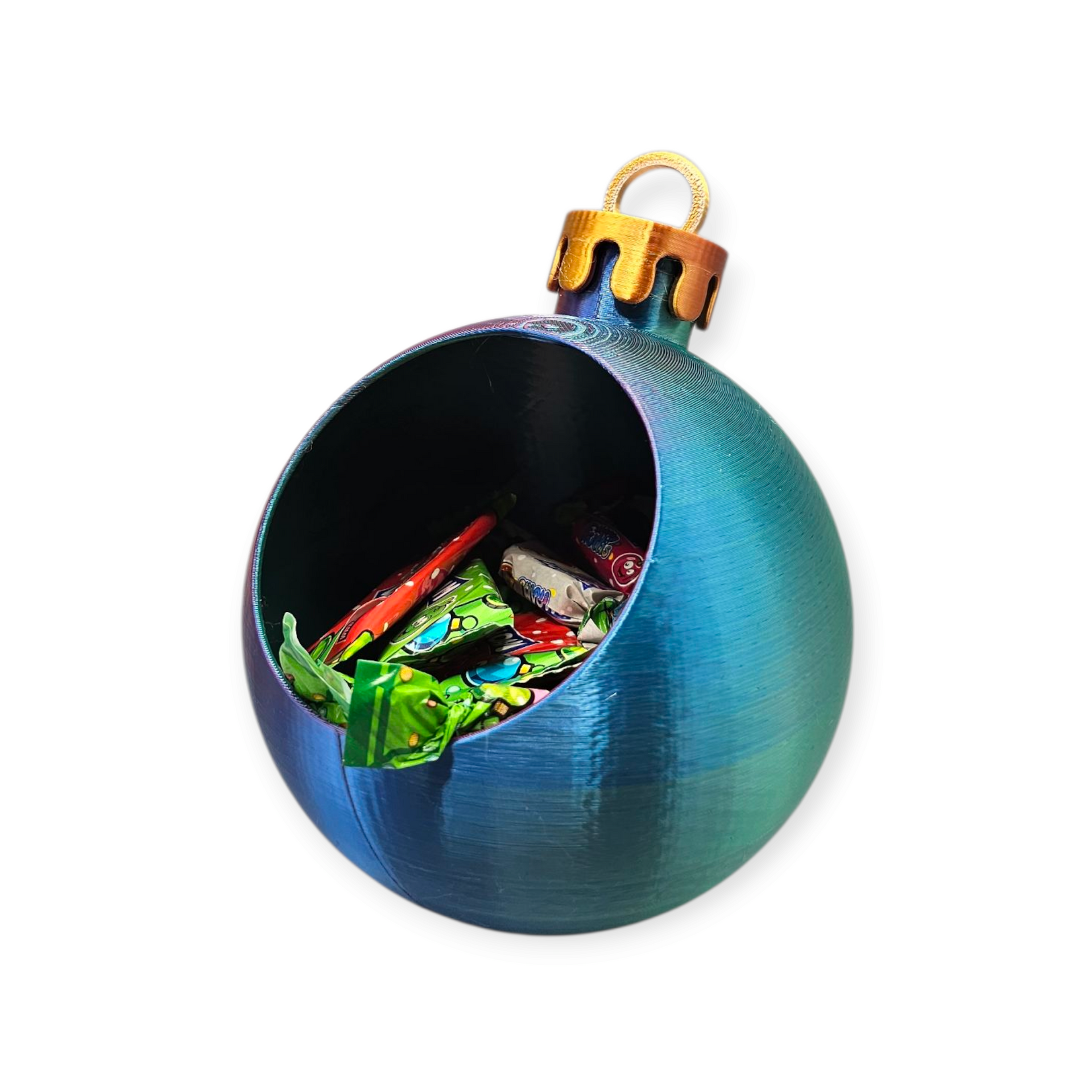 3D-geprinte Gladde Kerstbal met Opbergruimte – Unieke multicolor kerstdecoratie
