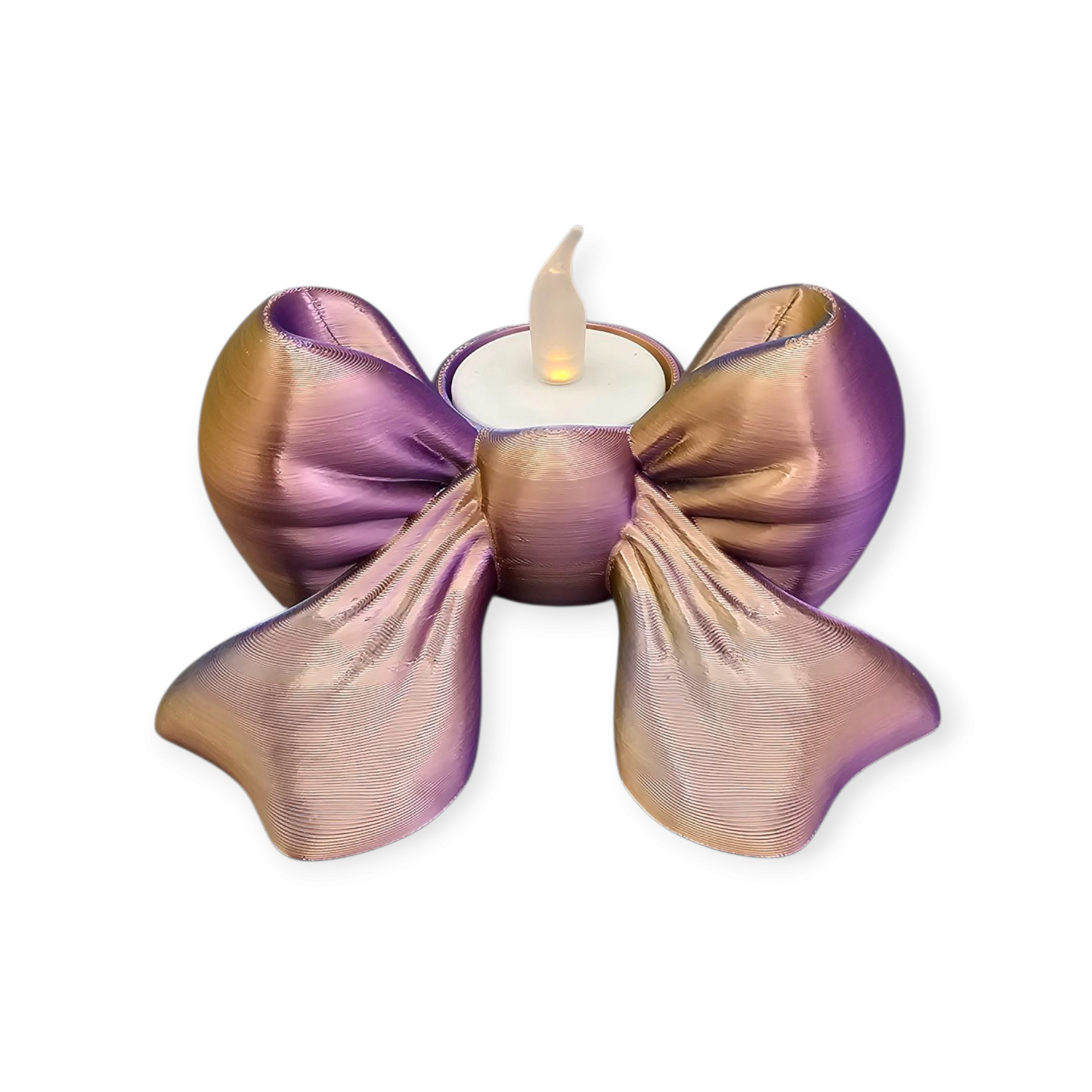 Paarse en gouden strikvormige kaarsenhouder met een flikkerende ledkaars.
