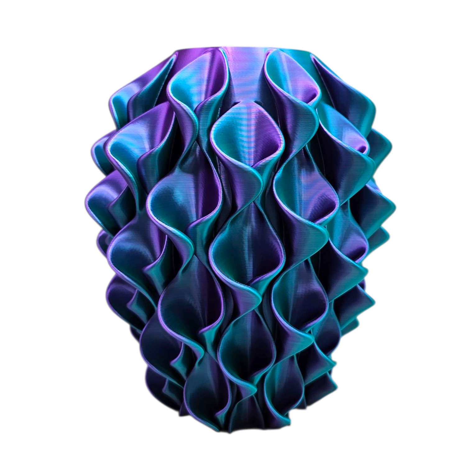 Abstracte, iriserende vaas met een gegolfd, organisch ontwerp; in tinten turquoise, paars en blauw.