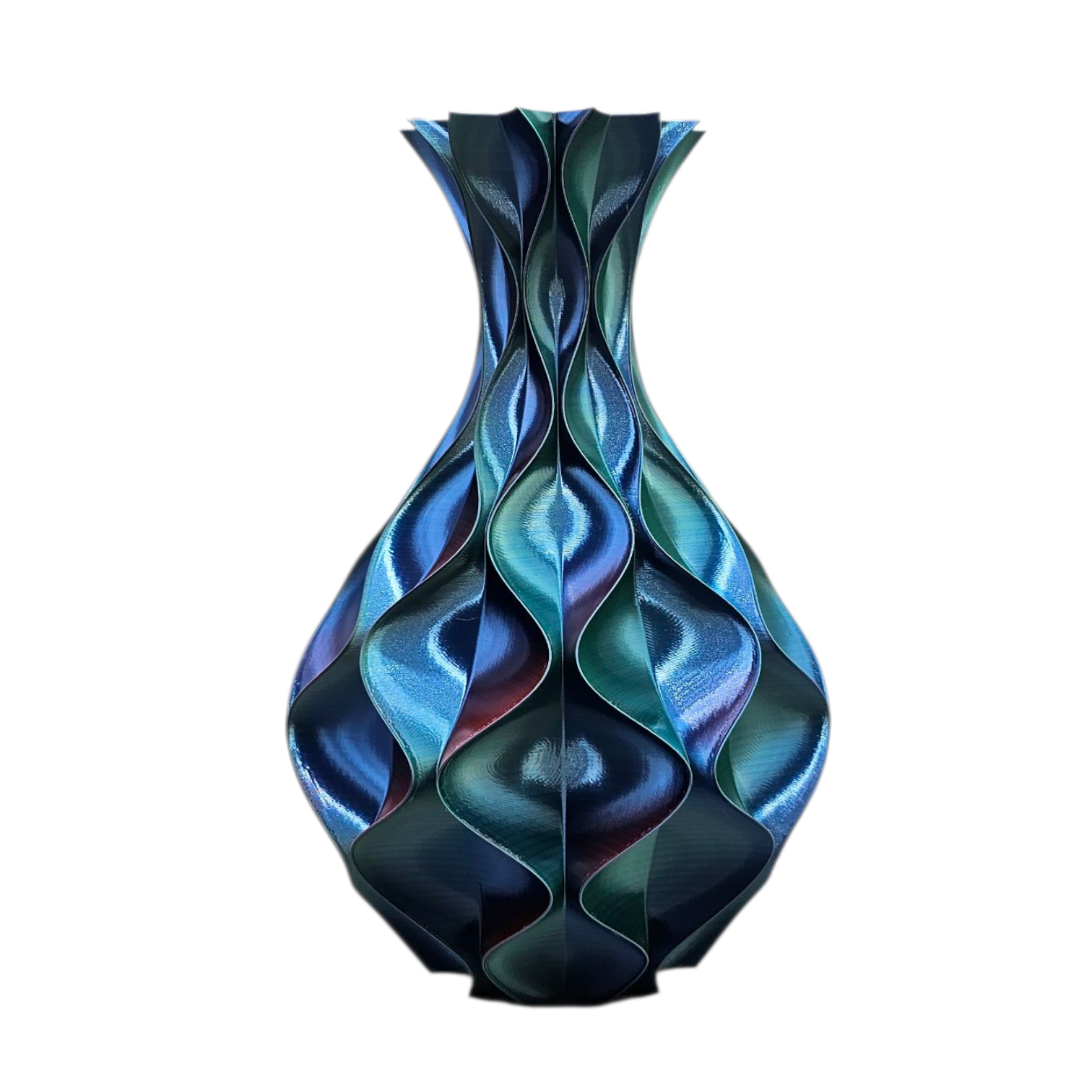 Iriserende blauwe vaas met druppelvormig patroon.