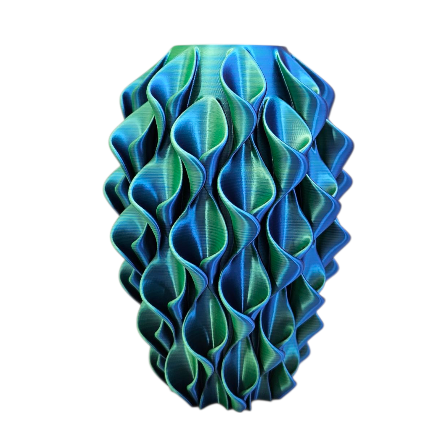 Blauw-groene 3D-geprinte vaas met een vloeiend, gestructureerd ontwerp.