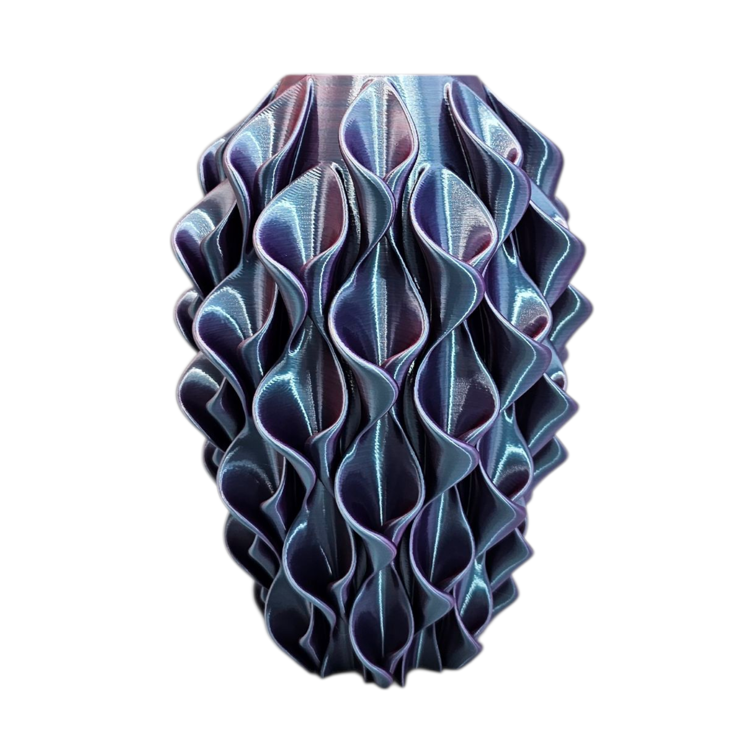 Drie 3D-geprinte vazen met een gegolfd, gelaagd ontwerp. De kleuren zijn paars/brons, blauw/paars en turquoise/brons.