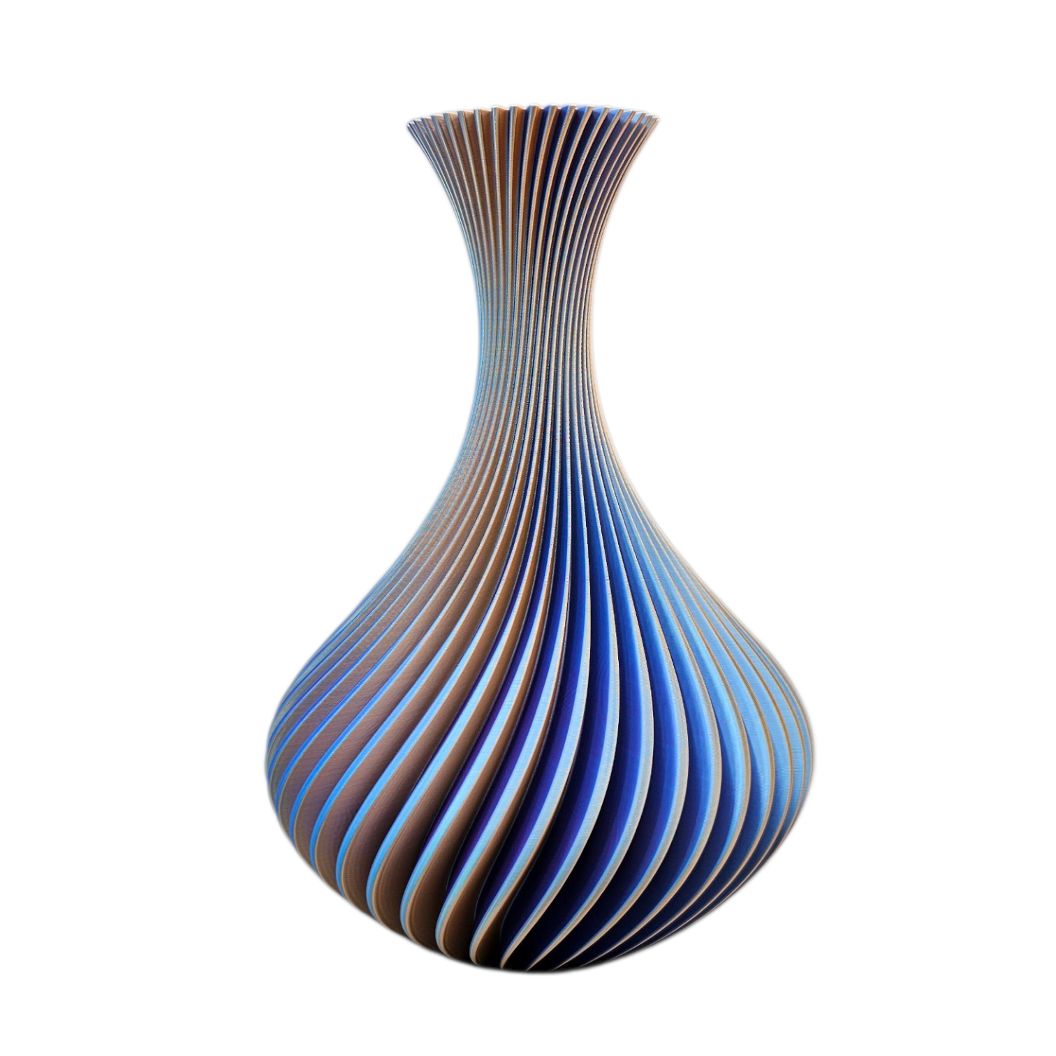 Vaas met wervelend patroon en blauwe en bruine kleurschakeringen.