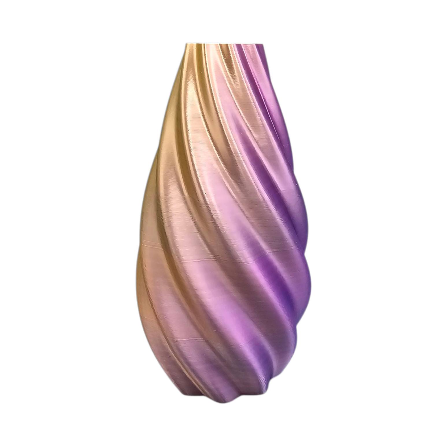 Vaas met een wervelend patroon en een kleurverloop van goud naar paars.