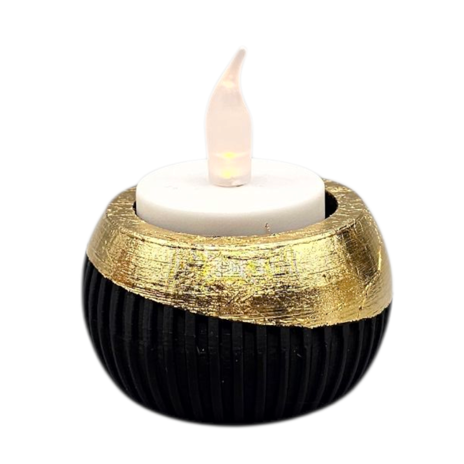 Cilindrische plantenbak in zwart en goud met diagonale ribbels, afmetingen 3,5 cm x 6,2 cm, op een marmeren ondergrond.