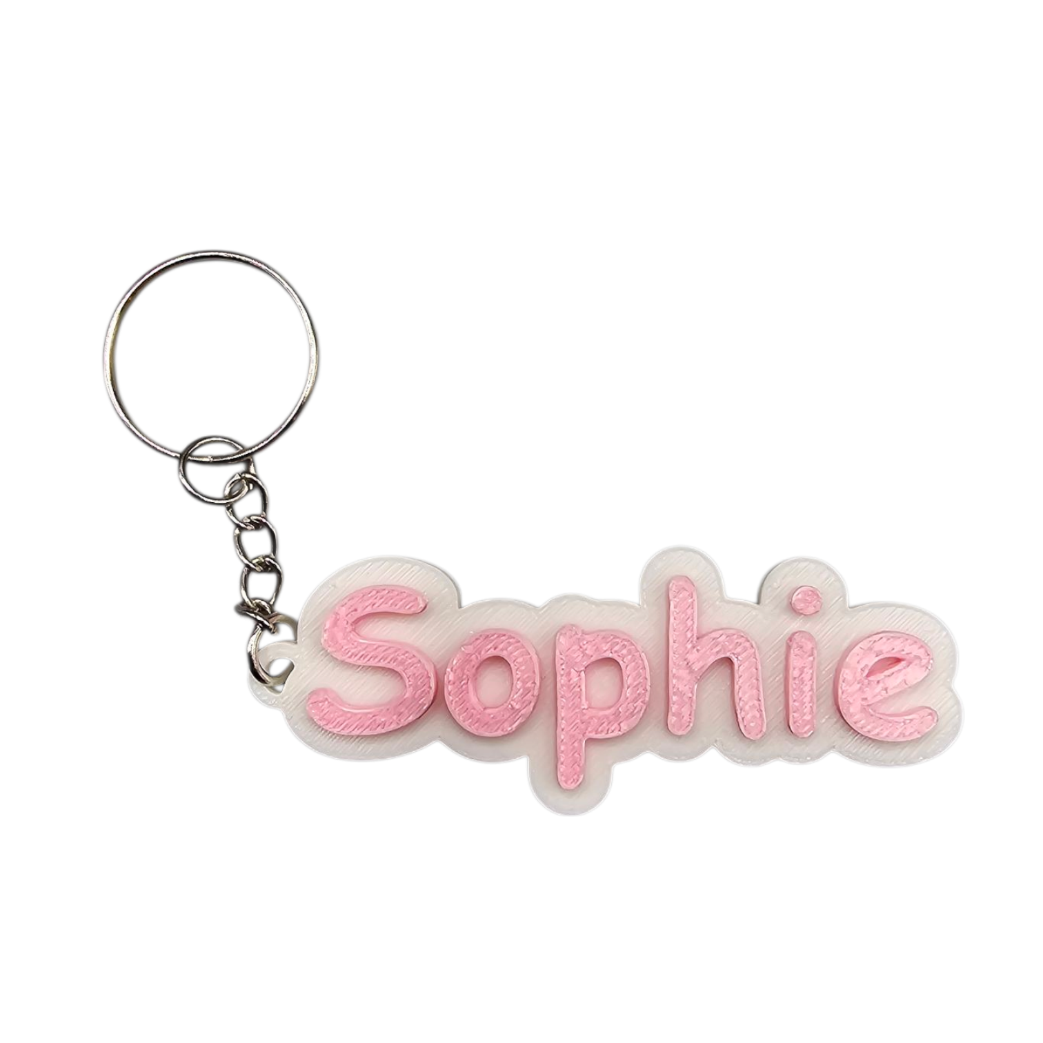 Vijf kleurrijke sleutelhangers met gepersonaliseerde namen – Marilyn, Dylan, Davey, Sophie en TIMO – afgebeeld op een effen witte achtergrond.