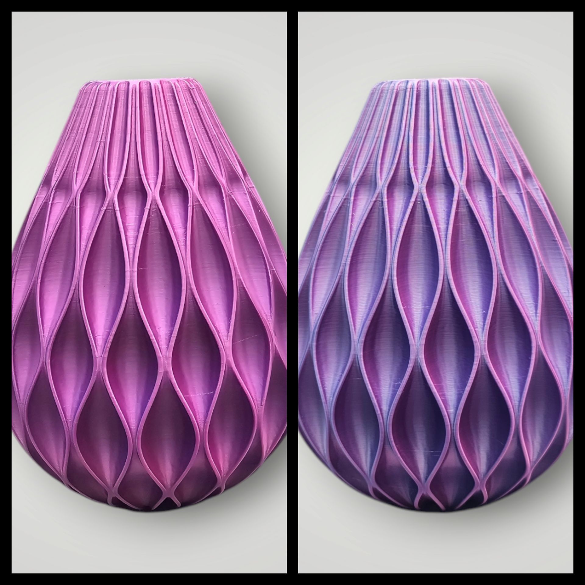 Twee vazen met een geometrisch, geribbeld, druppelvormig patroon, links in roze en rechts met een paarsblauwe kleurovergang.