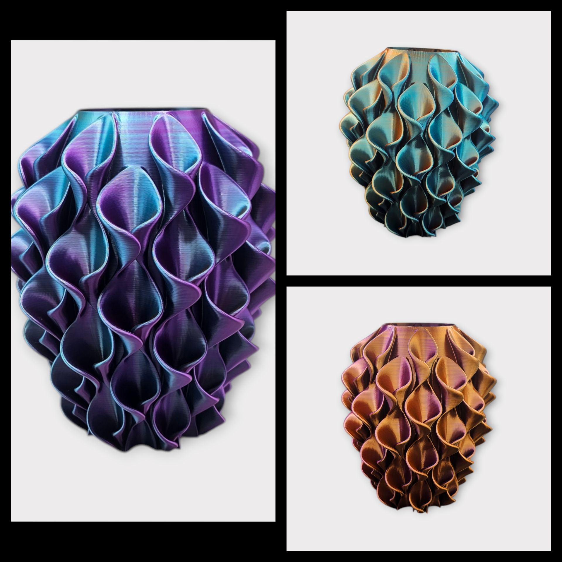 Drie 3D-geprinte vaasontwerpen in verschillende kleuren: paars/blauw, turquoise/goud en bruin/goud, met een golvend, bloembladachtig patroon.