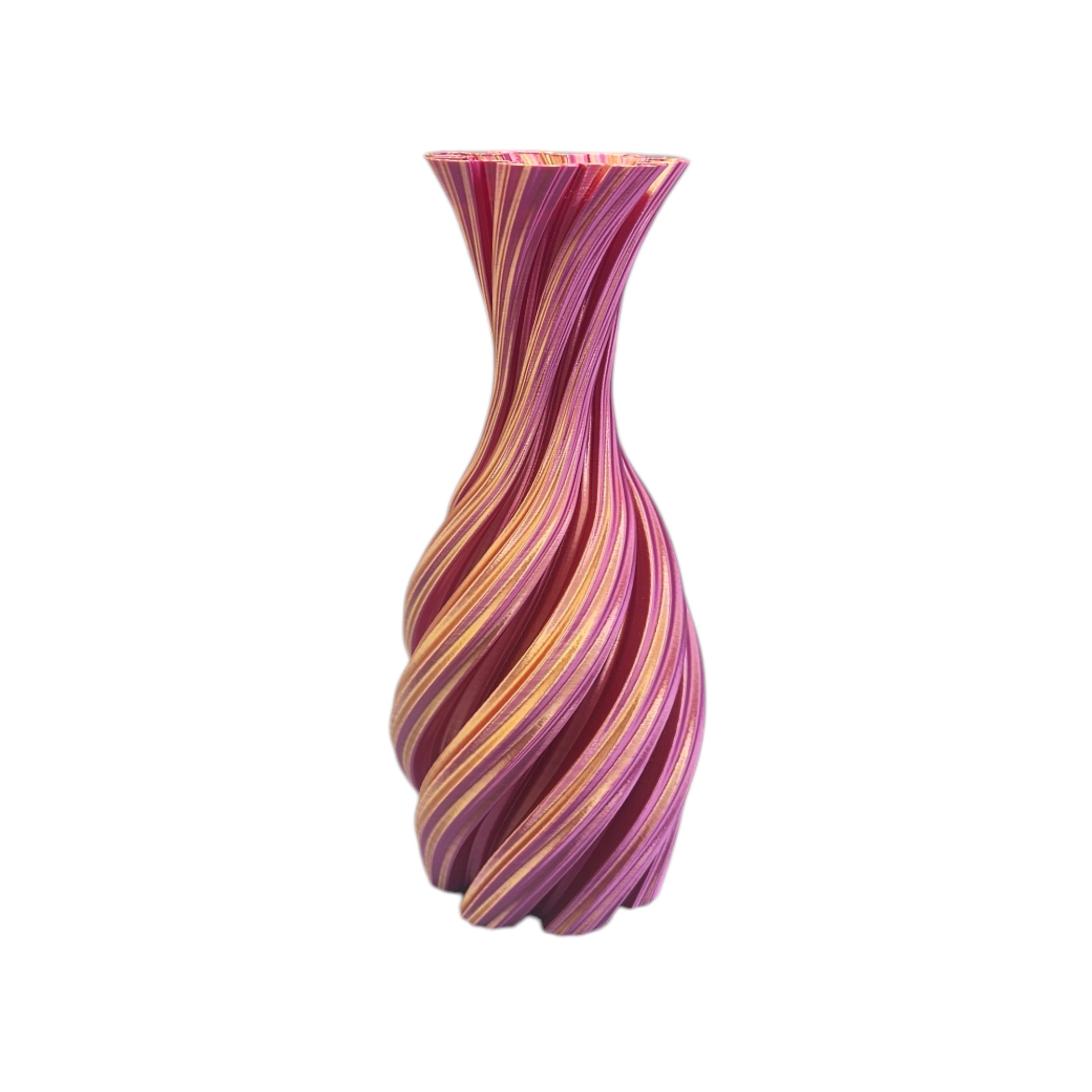 Gedraaide, gestreepte vaas in paarse en gouden tinten.