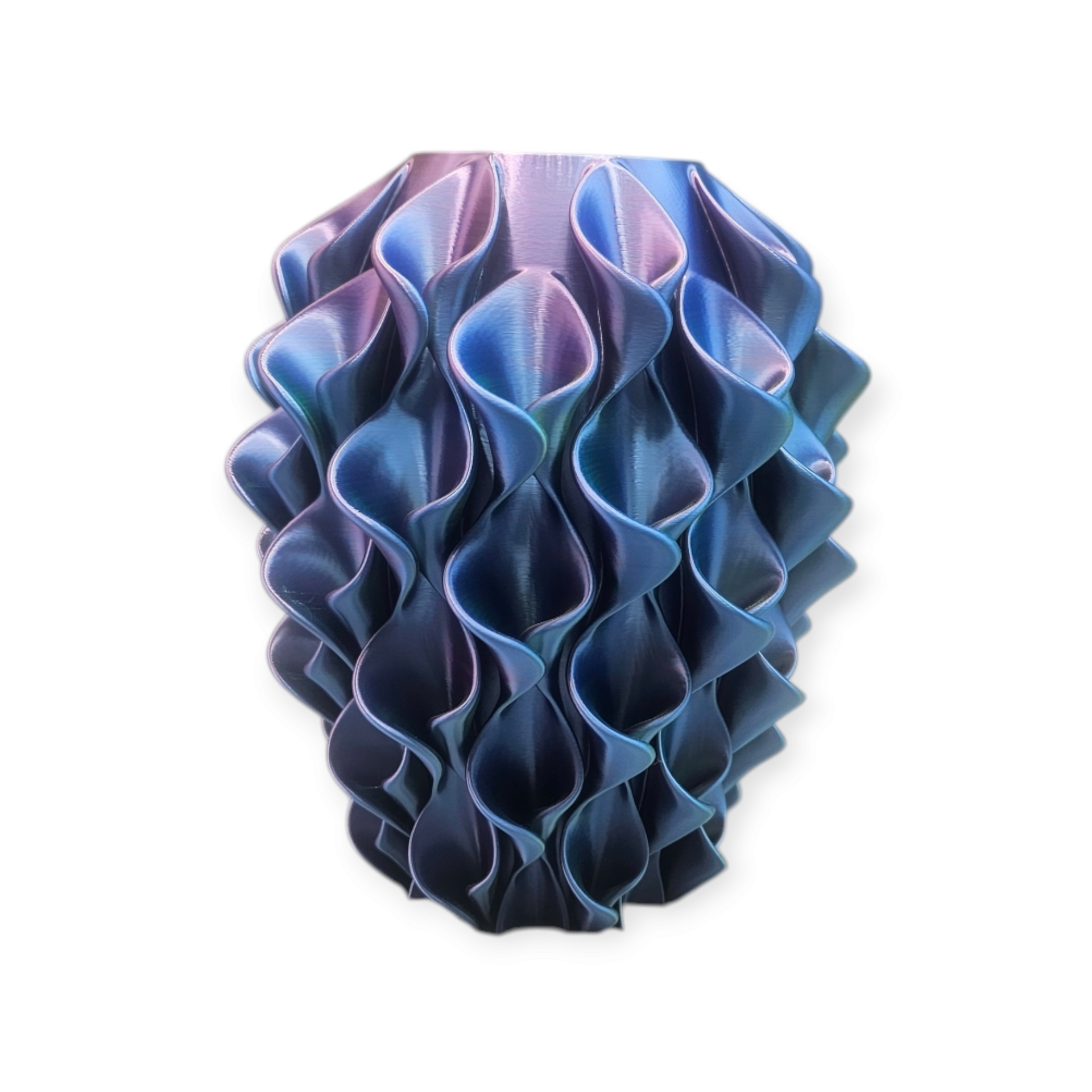 Abstracte, gegolfde vaas, met een kleurverloop van blauw en paars.