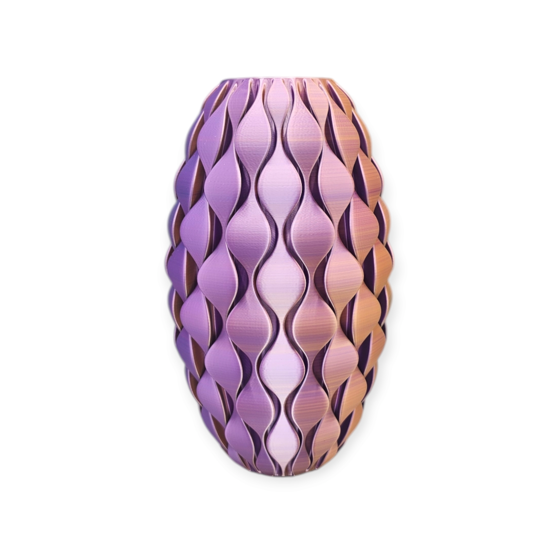 Paarse en koperkleurige 3D-geprinte vaas met een geschulpte, organische vormgeving.