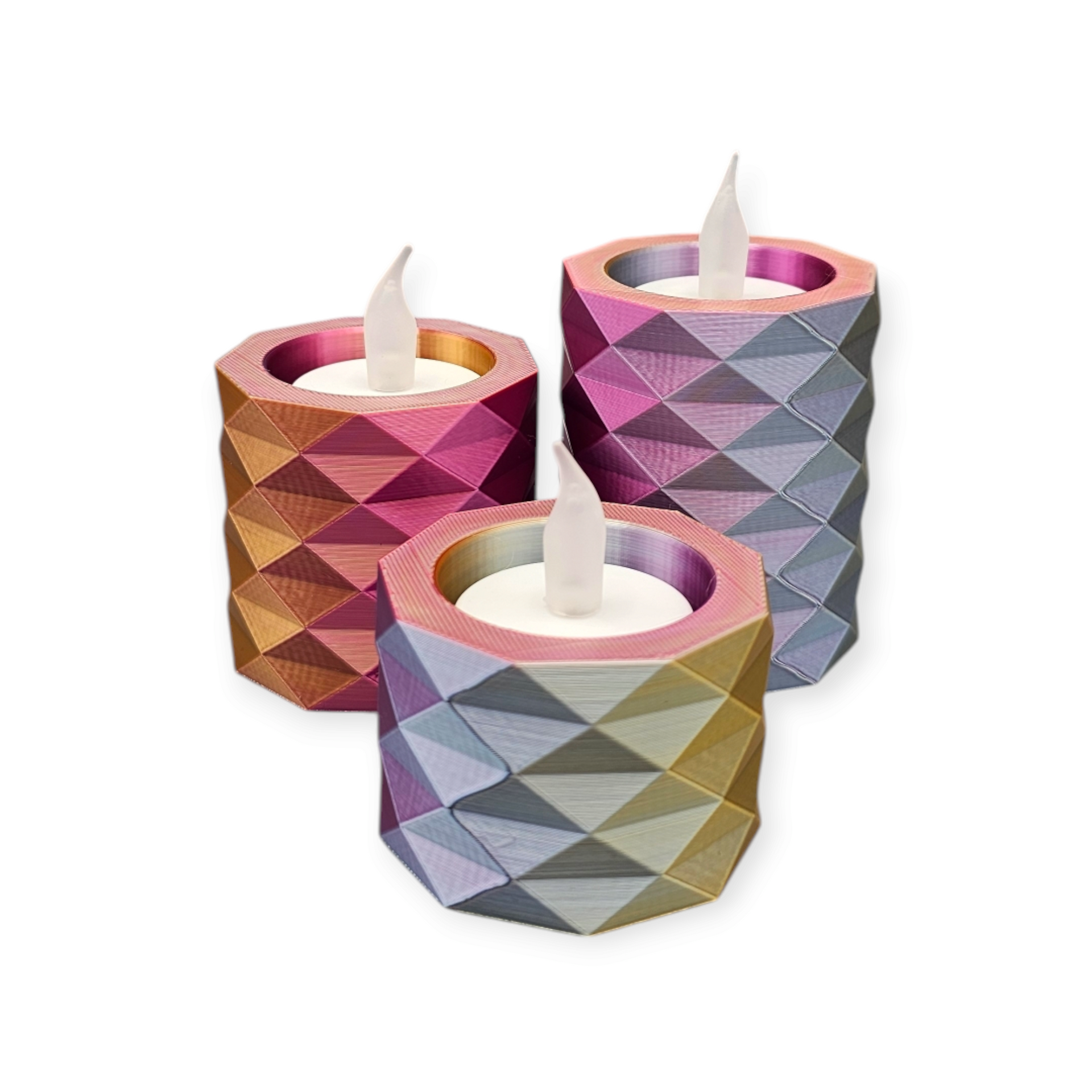 Set van 3 3D-geprinte waxinelichthouders met LED lichtjes – moderne sfeerverlichting (niet geschikt tegen hitte)
