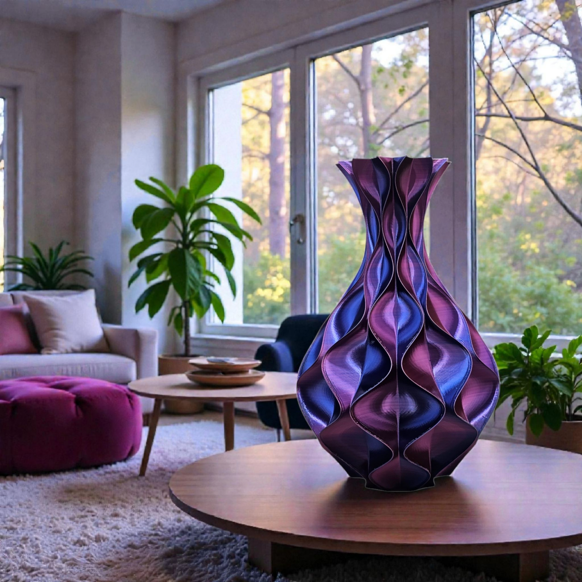 Een 34 cm hoge, paarsblauwe, golvende vaas met een bovenkant van 5 cm en een voet van 22,5 cm, afgebeeld naast een groene vetplant.