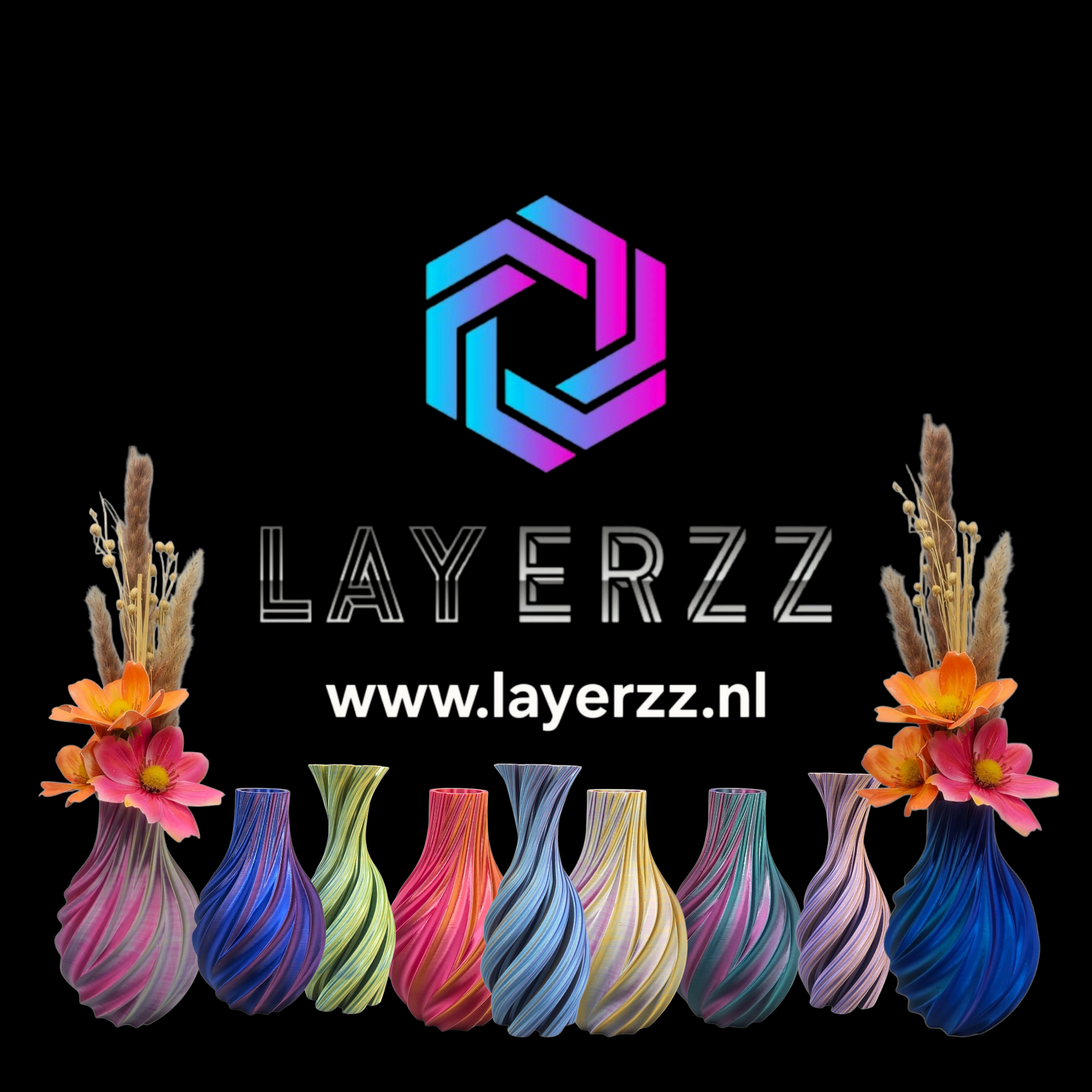 Layerzz logo above nine colorful 3D-printed vases arranged in a row on black background. Website address below.