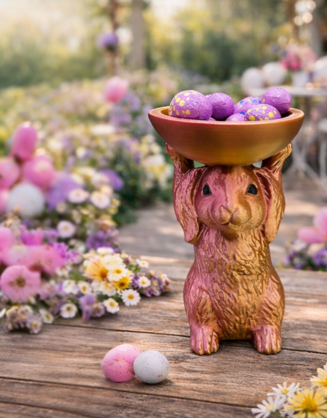 Een gouden konijnenbeeldje met een kom paarse paaseieren staat op een houten tafel buiten.
