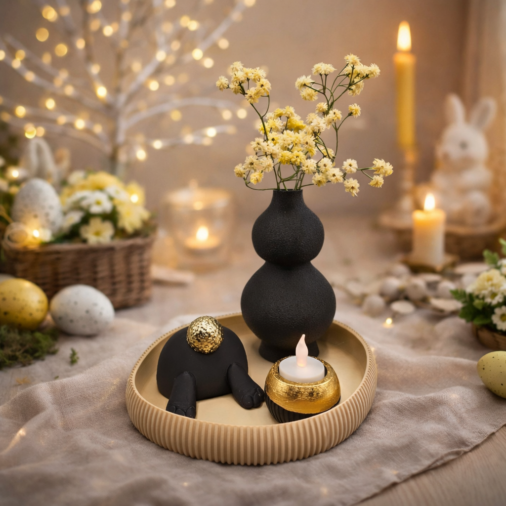 Paastafeldecoratie met een zwarte vaas gevuld met gele bloemen, een beeldje van een konijnenkontje en een kaars op een rond dienblad.