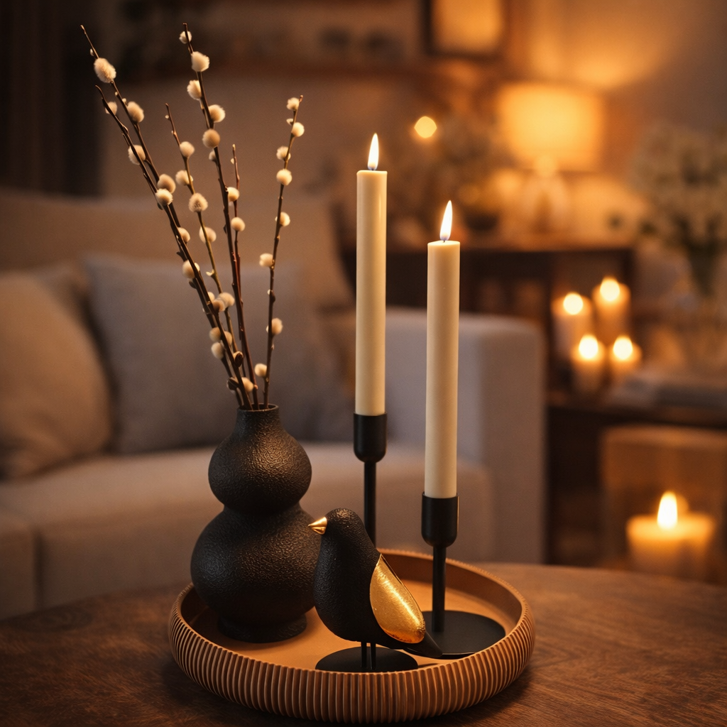 Op een houten dienblad staat een zwarte vaas met structuur, versierd met wilgentakjes, twee brandende kaarsen en een klein zwart vogeltje als decoratie.