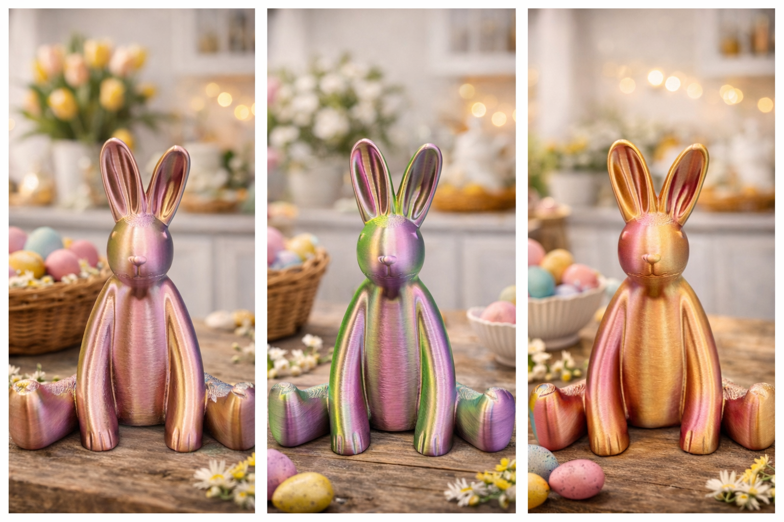 Drie iriserende paashaasjes op een houten tafel, omringd door pastelkleurige eieren en bloemen in een keuken.